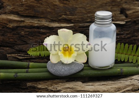 zen Stone with bamboo grove, massage oil, orchid on Driftwood