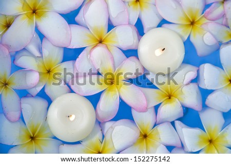 Many frangipani with two white candle in the water