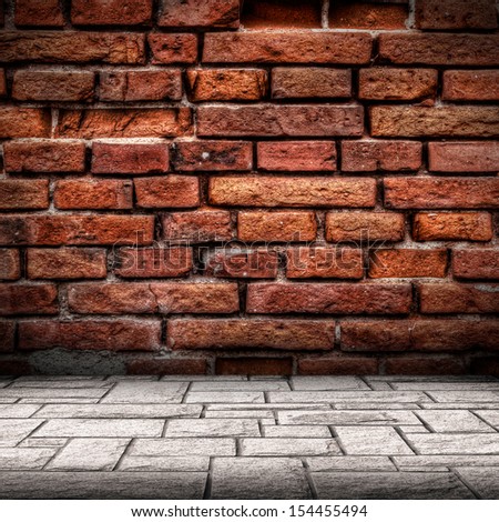 Red brick wall and brick floor interior background