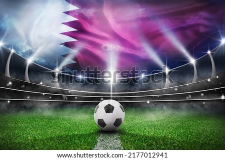 textured soccer game field with a soccer ball on the line in Qatar - center, midfield. 3D Illustration. Сток-фото © 