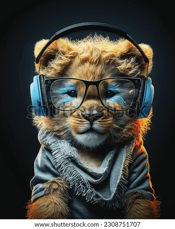 Cool young DJ lion in sunglasses in colorful neon light enjoys the music