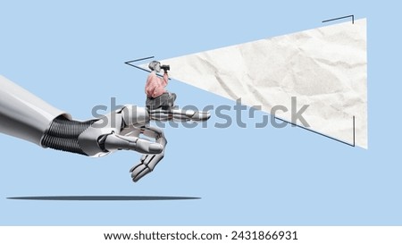 Similar – Image, Stock Photo This way. Shows a girl in a bathing cap, with her hand outstretched by the sea in one direction.