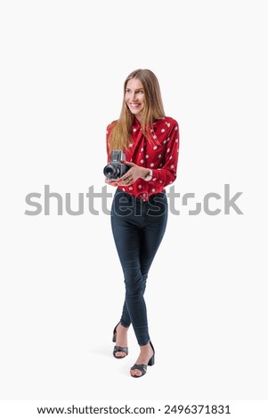 Image, Stock Photo analogue full body portrait of a young, blond, barefoot woman on a balcony
