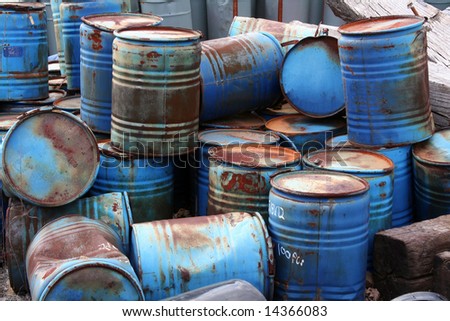 Similar – Image, Stock Photo Stacked, rusty metal drums and other waste