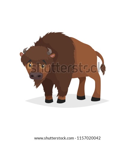Cute bison standing. Cartoon comic style vector illustration of forest wild animal. Buffalo. Europe and north America animal.