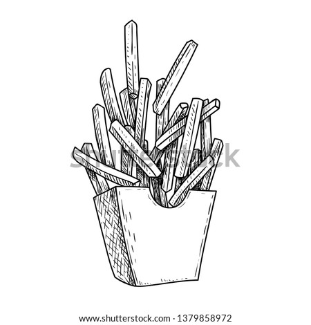 French fries flying to paper box. Sketch style hand drawn illustration. Fried potato. Fast food retro artwork. Vector image Isolated on white.