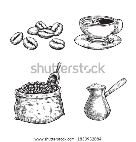 Sketch coffee set. Coffee beans and bag with spoon, cup of coffee, turkish coffee maker cezve. Hand drawn illustrations. Isolated on white background.