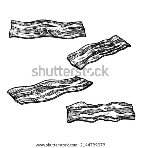 Bacon slices set. Hand drawn sketch style crispy food meat portion of pork from butcher. Fresh traditional breakfast product. Vector illustrations isolated on white background.