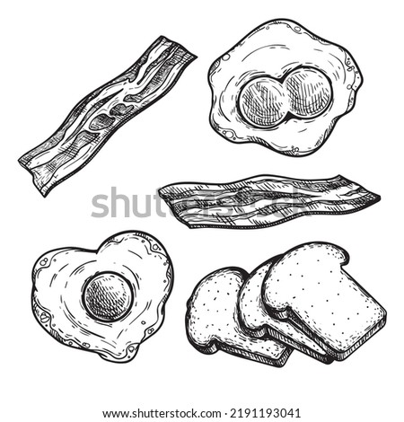 Hand drawn sketch style breakfast ingredients set. Toasted bread slices, fried eggs and bacon. Best for menu designs and packages. Vector illustrations.