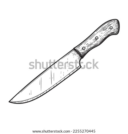 Chef's knife with wooden handle. Butcher and kitchen utensil. Chef's tool. Hand drawn sketch style drawing. Vector illustration.