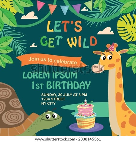 Birthday greeting and invitation card design template. Cute african animals. Turtle and giraffe. Funny Jungle party. Vector illustration.