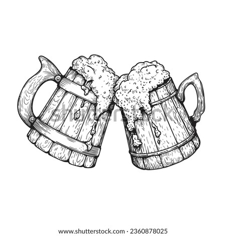 Two old wooden beer mugs clink glasses of them pouring foam. A hand-drawn sketch. Best for brewery, pub menu designs. Vector illustration.