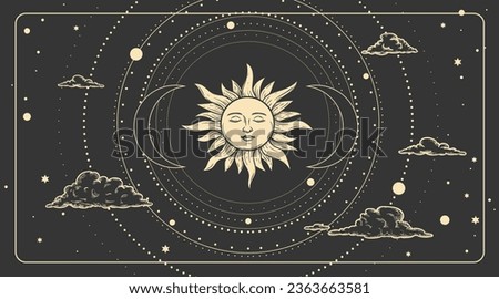 Magical celestial design template for astrology, divination, etc. Hand drawn sketch style sun face, crescent moon in retro esoteric style. Vector illustration.