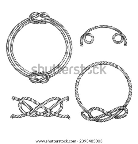 Nautical rope frames and elements set. Hand drawn sketch style illustrations collection. Isolated on white background.