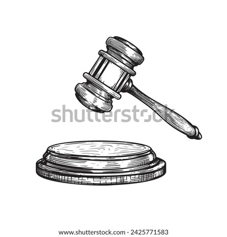 Gavel sketch drawing. Hand drawn hammer of judge or auctioneer. Vector illustration isolated on white background.