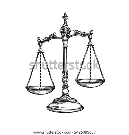 Vintage balance scales. Sketch hand drawn engraving retro style. Weighing, libra, justice symbol. Vector illustration isolated on white.