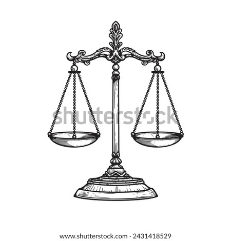 Vintage balance scales. Sketch hand drawn engraving retro style. Weighing, libra, justice symbol. Vector illustration isolated on white.