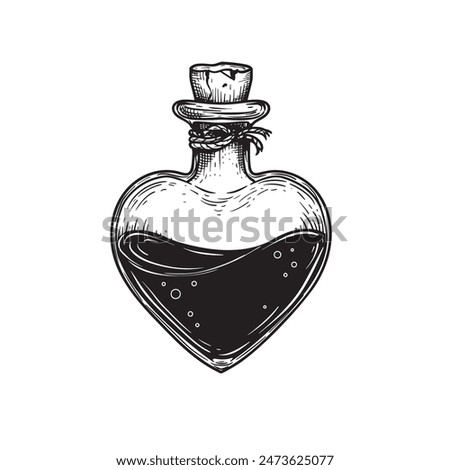 Heart shaped bottle with liquid. Hand drawn sketch style drawing. Magical, witchcraft equipment. Retro vintage vector illustration isolated on white.