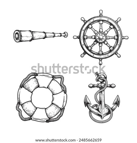 Nautical vintage elements set. Hand drawn sketch style. Symbols of adventure voyage, tourism, outdoor. Anchor, steering wheel, spyglass, lifebuoy. Vector illustrations.