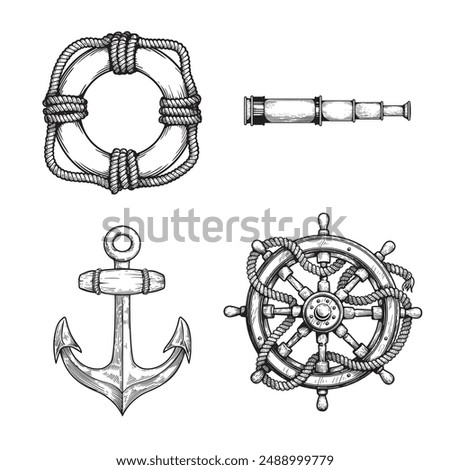 Nautical vintage elements set. Hand drawn sketch style. Symbols of adventure voyage, tourism, outdoor. Anchor, steering wheel, spyglass, lifebuoy. Vector illustrations.