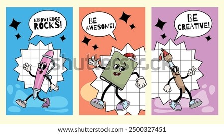 Back to school motivational poster set. Collection of funny groovy retro stationery characters or mascots. Pen, book and painbrush. Vector illustrations.