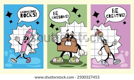 Back to school motivational poster set. Collection of funny groovy retro stationery characters or mascots. Pen, ruler and painbrush. Vector illustrations.