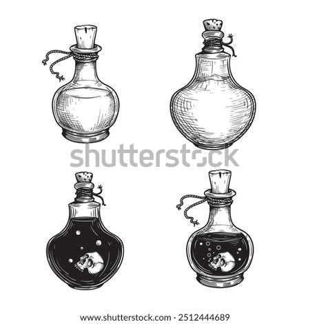 Witch potion sketch set. Poison, drug, decoction in hand drawn style. Magic bottled drinks. Vector illustrations collection.