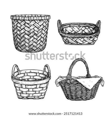 Wicker baskets set. Sketch hand drawn style. Picnic and harvest symbol. Vector illustrations isolated on white.