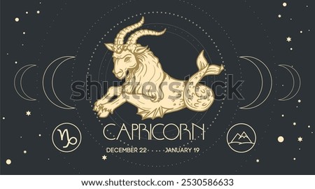 Zodiac sign Capricorn in engraving hand drawn style. Retro astrological sign Sea Goat design template. Vector illustration.