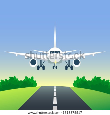 Airplane is landing or taking off on the runway. Plane in the sky and road among field. Meadow and forest. Travel transportation aviation concept. Vector illustration. Cartoon flat style.