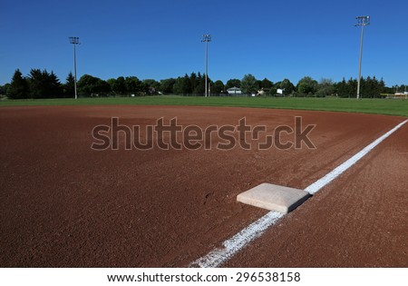A wide angle shot of a baseball field from First base.