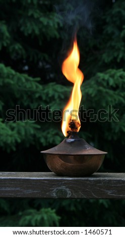 A lit torch with a large orange flame.