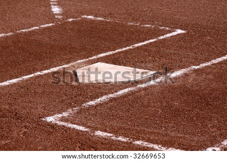 A close-up of the batters boxes and home plate on a vacant baseball diamond.