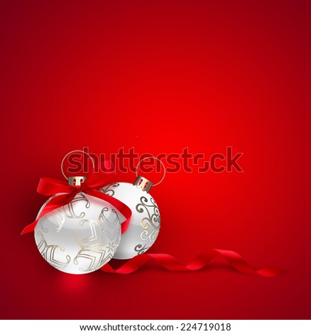 two silver Christmas ball with ribbon and bow on red background