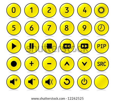 Buttons from a remote control with numbers 0,1, 2, 3, 4, 5, 6, 7, 8, 9 and other standard buttons - YELLOW version