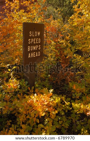 Slow speed bumps ahead sign with fall colors
