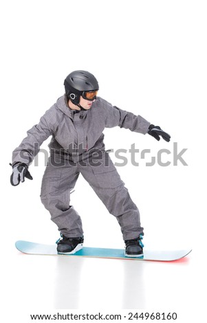 Portrait of young man in sportswear with snowboard isolated on a white background.