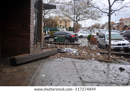 BROOKLYN, NY - OCTOBER 30: Debris litters the ground in the Sheapsheadbay neighborhood due to flooding from Hurricane Sandy in Brooklyn, New York, U.S., on Tuesday, October 30, 2012.