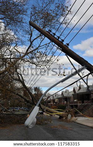 BROOKLYN, NY - NOVEMBER 03: Trees and electric poles felt down to the ground in the Sheapsheadbay neighborhood due to strong wind from Hurricane Sandy in Brooklyn, NY, U.S., on November 03, 2012.