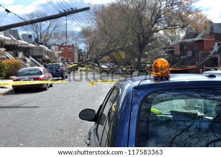 BROOKLYN, NY - NOVEMBER 03: Broken electric poles in the Sheapsheadbay neighborhood due to strong wind from Hurricane Sandy in Brooklyn, New York, U.S., on Saturday, November 03, 2012.