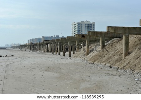 QUEENS, NY - NOVEMBER 11: Buildings and boardwalk ruins after massive impact from Hurricane Sand  in the Rockaway Beach in Queens, New York, U.S., on November 11, 2012.