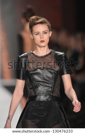 NEW YORK - FEBRUARY 08: A model walks the runway at the Project Runway Fall Winter 2013 fashion show during Mercedes-Benz Fashion Week on February 8, 2013 in New York City.