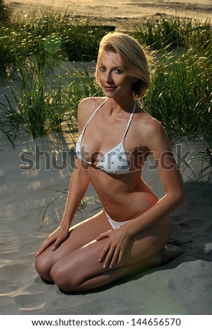Young fit model posing in bikini on sunset time with effective background of dunes, grass and water