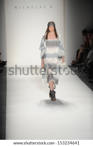 NEW YORK, NY - SEPTEMBER 05: A model walks the runway at the Nicholas K show during Spring 2014 Mercedes-Benz Fashion Week at The Studio at Lincoln Center on September 5, 2013 in New York City.
