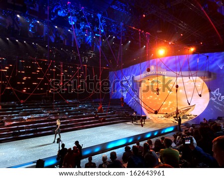 NEW YORK, NY - NOVEMBER 12: General view of stage runway during the 2013 Victoria\'s Secret Fashion Show rehearsal at the Lexington Avenue Armory on November 12, 2013 in New York City.