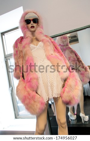 NEW YORK, NY - SEPTEMBER 09: A fur coat on mannequin at Helen Yarmak fashion presentation  during Mercedes-Benz Fashion Week Spring 2014 at The Crown Building on September 9, 2013 in NYC.