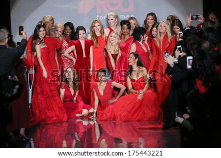 NEW YORK, NY - FEBRUARY 06: Celebrity models gather at the end of the runway at Go Red For Women - The Heart Truth Red Dress Collection 2014 Show on February 6, 2014 in New York City.
