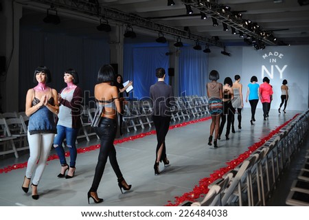 NEW YORK, NY - OCTOBER 25: Models walk runway rehearsal during Made in the USA Spring 2015 lingerie showcase preparations at the Center 548 on October 25, 2014 in New York City.