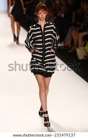 NEW YORK, NY - SEPTEMBER 05: A model walks the runway at the Project Runway (Char Glover)show during Mercedes-Benz Fashion Week Spring 2015 at Lincoln Center on September 5, 2014 in NYC