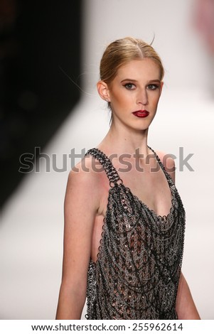 NEW YORK, NY - FEBRUARY 19: A model walks the runway in a Li Jon Sculptured Couture design at the Art Hearts Fashion show during MBFW Fall 2015 at Lincoln Center on February 19, 2015 in NYC